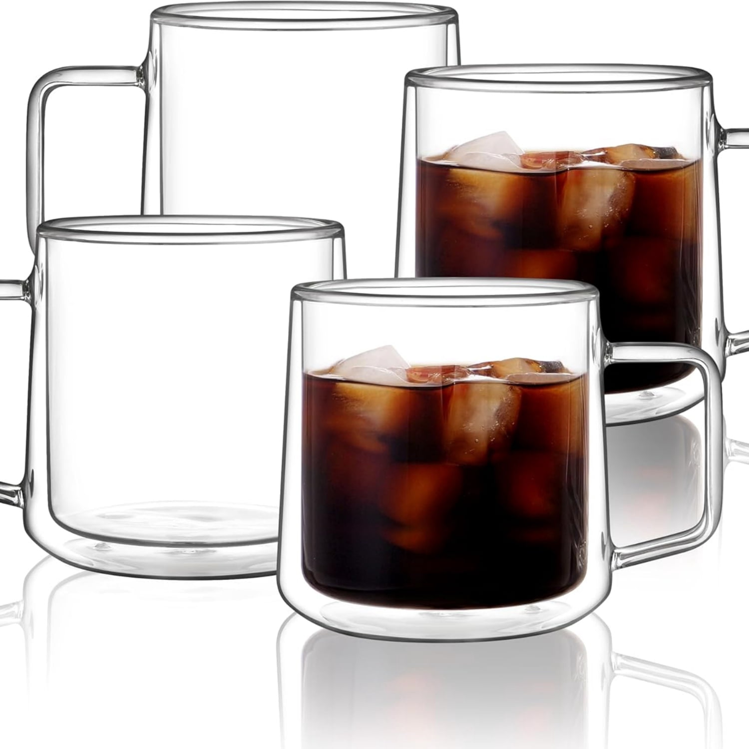 15oz(4-pack) Double Walled Glass Coffee Mugs,Large Insulated Glass Mugs with Handle,Clear Coffee Cups for Espresso,Latte,Cappuccino,Tea