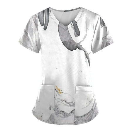 

Knosfe Uniform Scrub Tops for Women Short Sleeve V Neck Scrub Tops Women Stretchy Nursing Butterfly White Scrub Top with Pockets White M