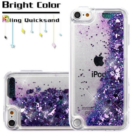 Apple iPod Touch 6th / 5th Generation BLING Hybrid Liquid Glitter Quicksand Rubber Silicone Gel TPU Protective Hard Case Cover - Purple Hearts