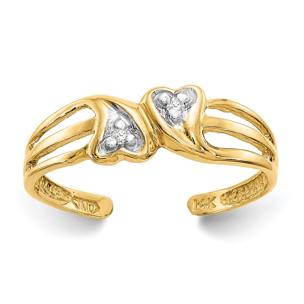 5mm Solid 14k Yellow Gold Double Heart .02ct Diamond Toe Ring 
