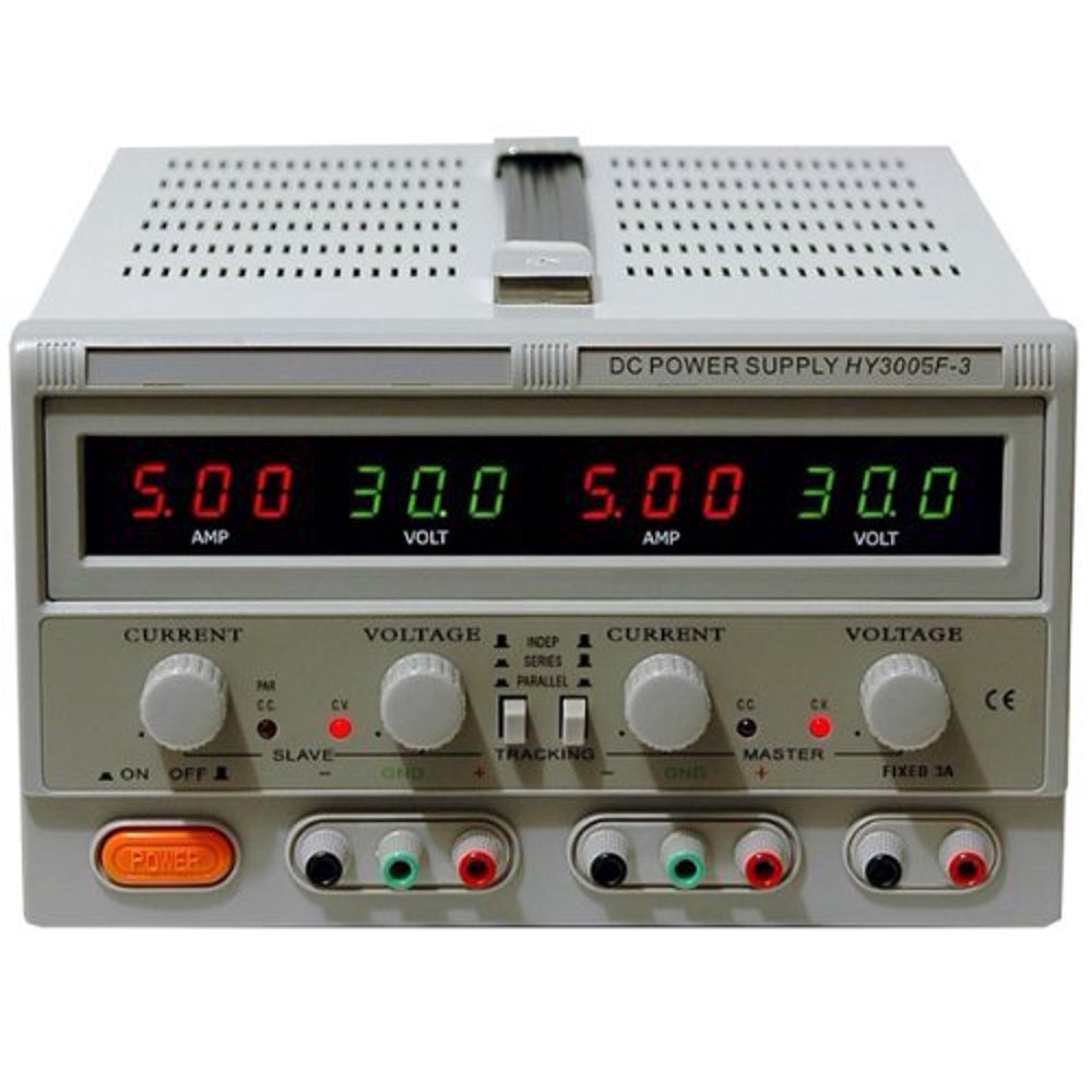 Triple Output Power Supply, Two 030V 05A, One Fixed 5V 3A, Quad