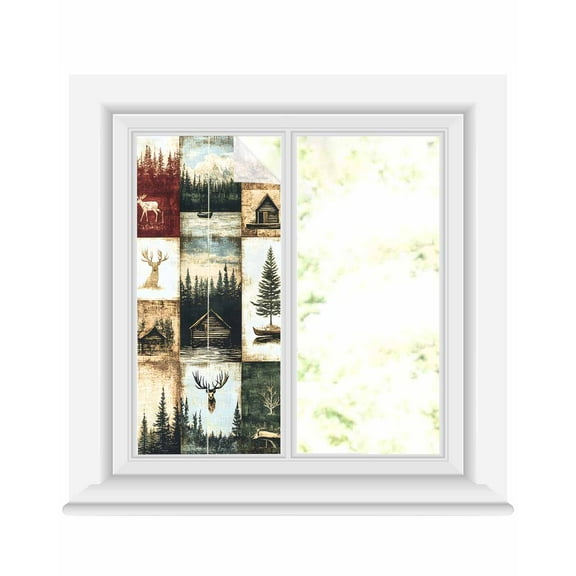 Window Privacy Film Forest Elk Stained Glass Window Film Decorative Sun Block Window Cover Farmhouse Pine Tree Rustic Green Red Window Clings Static Adhesive Sticker for Bathroom 17.7"x39.3"