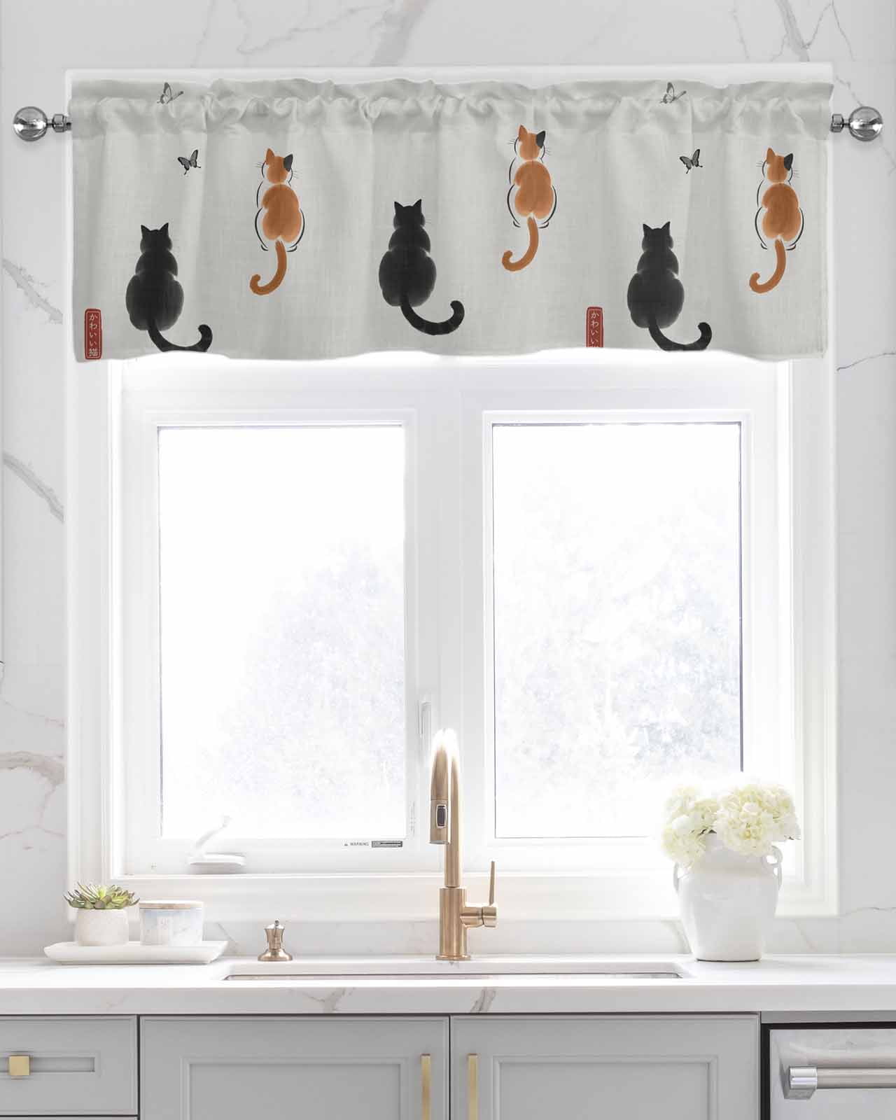 Japanese Cute Cat Kitchen Valances for Windows Farmhouse Linen Window Valance Curtain for Living Room Window Treatment Harmony Animal Butterfly Ink Valance Rod Pocket Topper Drape, 42 x 12 Inch