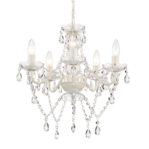 Small White 5-Light Crystal Chandelier, Modern Glass Chandelier Lighting Fixture, Small Chandelier for Bedroom, Dining Room, Living Room, Kitchen, Foyer, Girls Room Ceiling Light