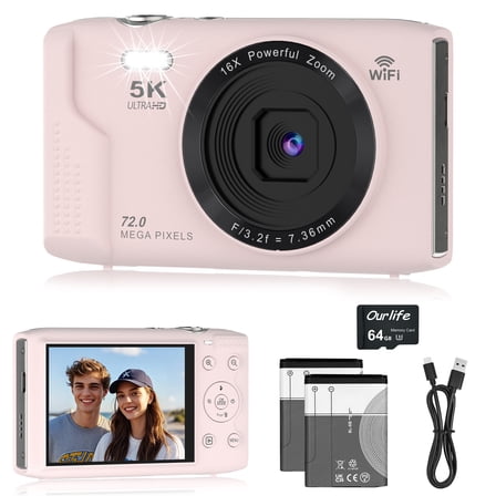 Ourlife 5K Digital Camera for Vlogging, 72MP with Autofocus 16X Digital Zoom, Travel Compact Camera with Flash, 64GB Card & 2 Batteries, Pink
