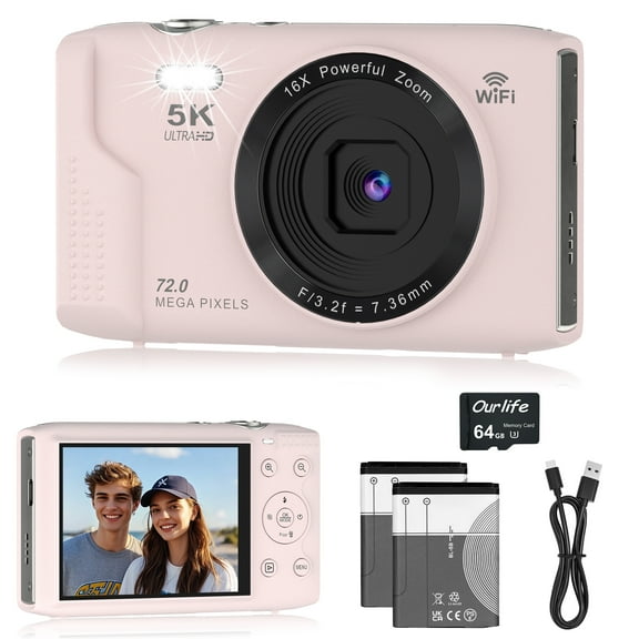 Ourlife 5K Digital Camera for Vlogging, 72MP with Autofocus 16X Digital Zoom, Travel Compact Camera with Flash, 64GB Card & 2 Batteries, Pink