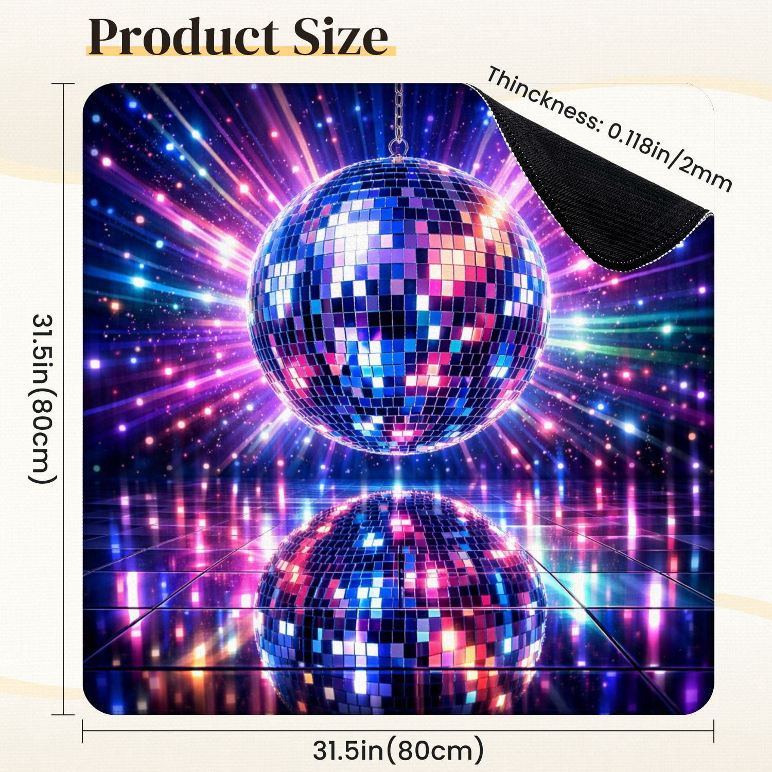 Mahjong Mat 31.5" x 31.5" Disco Ball Colorful Lights Reflections Non-Slip Noise Reduction Mahjong Tiles Table Cover for Dominoes Poker Card Board and Tile Games