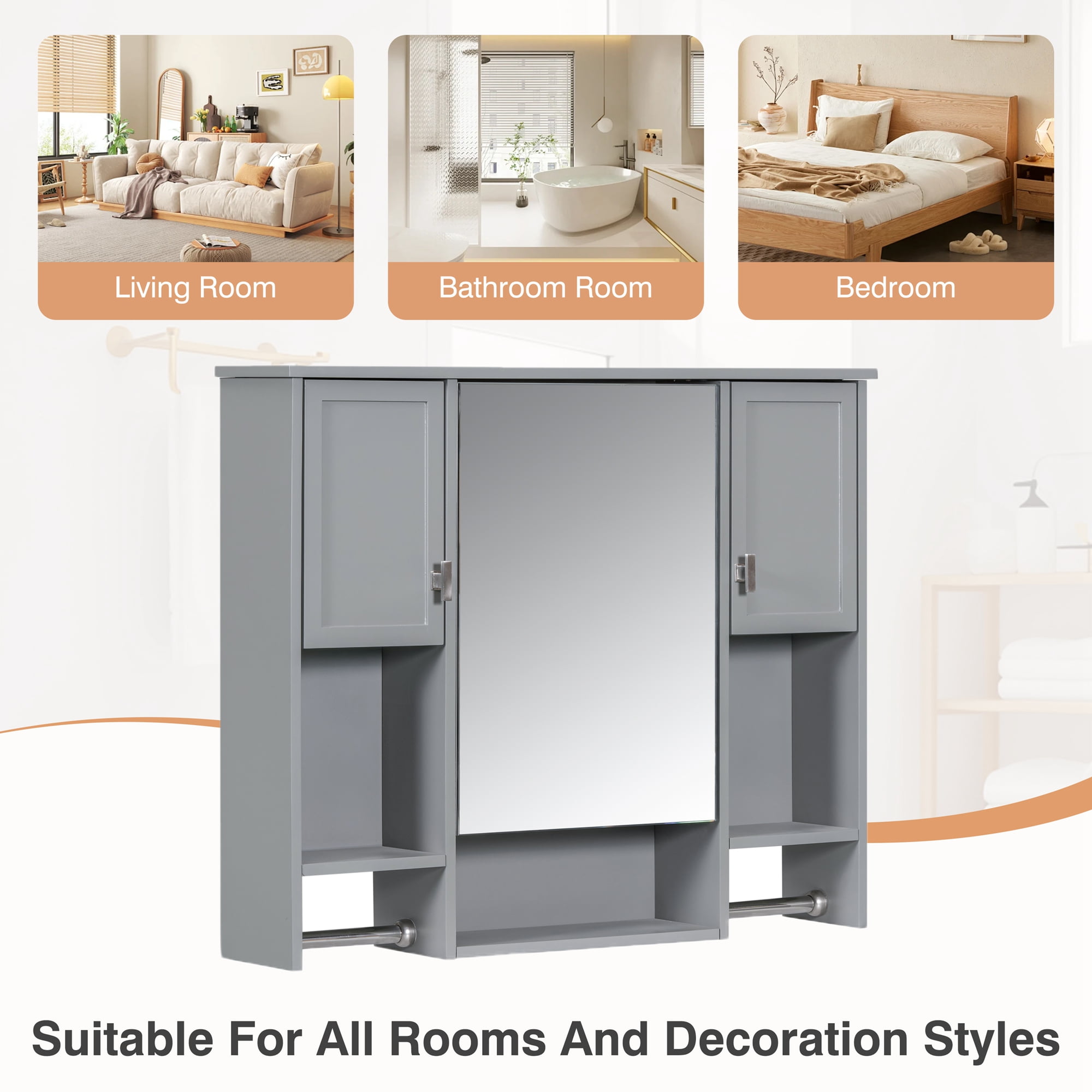 Euroco Wall Mounted Bathroom Mirror Cabinet with Triple Doors – Concealed Storage, Modern Design, Durable Construction, Easy Assembly