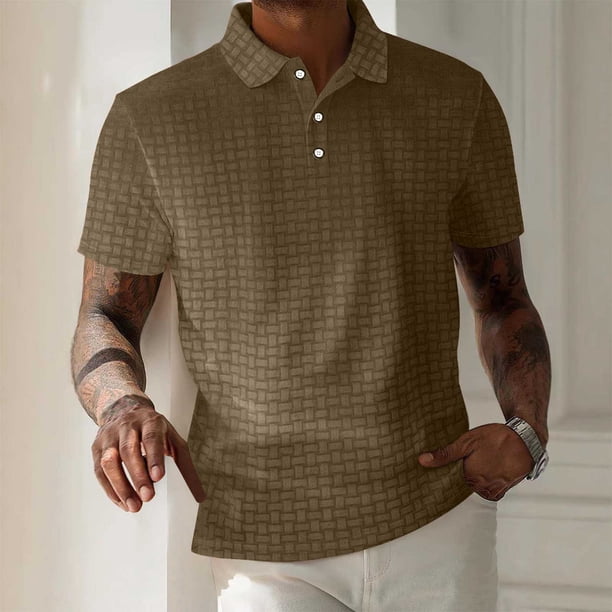 Camisetas Elvqul de Hombre Algodón Playa Elástica de Color Sólido Manga Corta Café con Solapa Botones