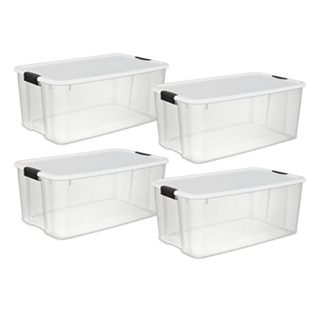 sterilite 19889804 70 quart/66 liter ultra box clear with a white lid and  black latches, 4-containers