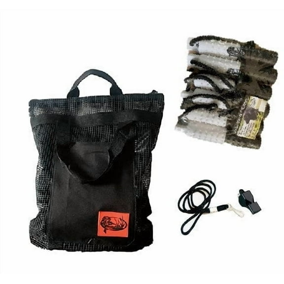 HuntEmUp Dog Training Kit - 2 inch Large Dog Training Bumper Black and White Flasher 6pc   Mesh Bumper Bag   Whistle & Lanyard