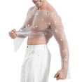 thumbnail image 3 of UTSJKR Men's Sparkling Rhinestone Mesh Long Sleeve Top, Sheer Fishnet Shirt, Party Concert Stage Performance Trendy Fashion Wear White XL, 3 of 5