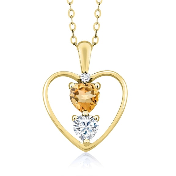 18K Yellow Gold Plated Silver Yellow Citrine White Moissanite and White Diamond Pendant Necklace for Women (0.70 Cttw, Gemstone November Birthstone, Heart 5MM and 4MM, with 18 inch Silver Chain)