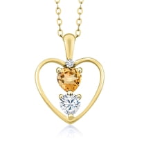 18K Yellow Gold Plated Silver Yellow Citrine White Moissanite and White Diamond Pendant Necklace for Women (0.70 Cttw, Gemstone November Birthstone, Heart 5MM and 4MM, with 18 inch Silver Chain)