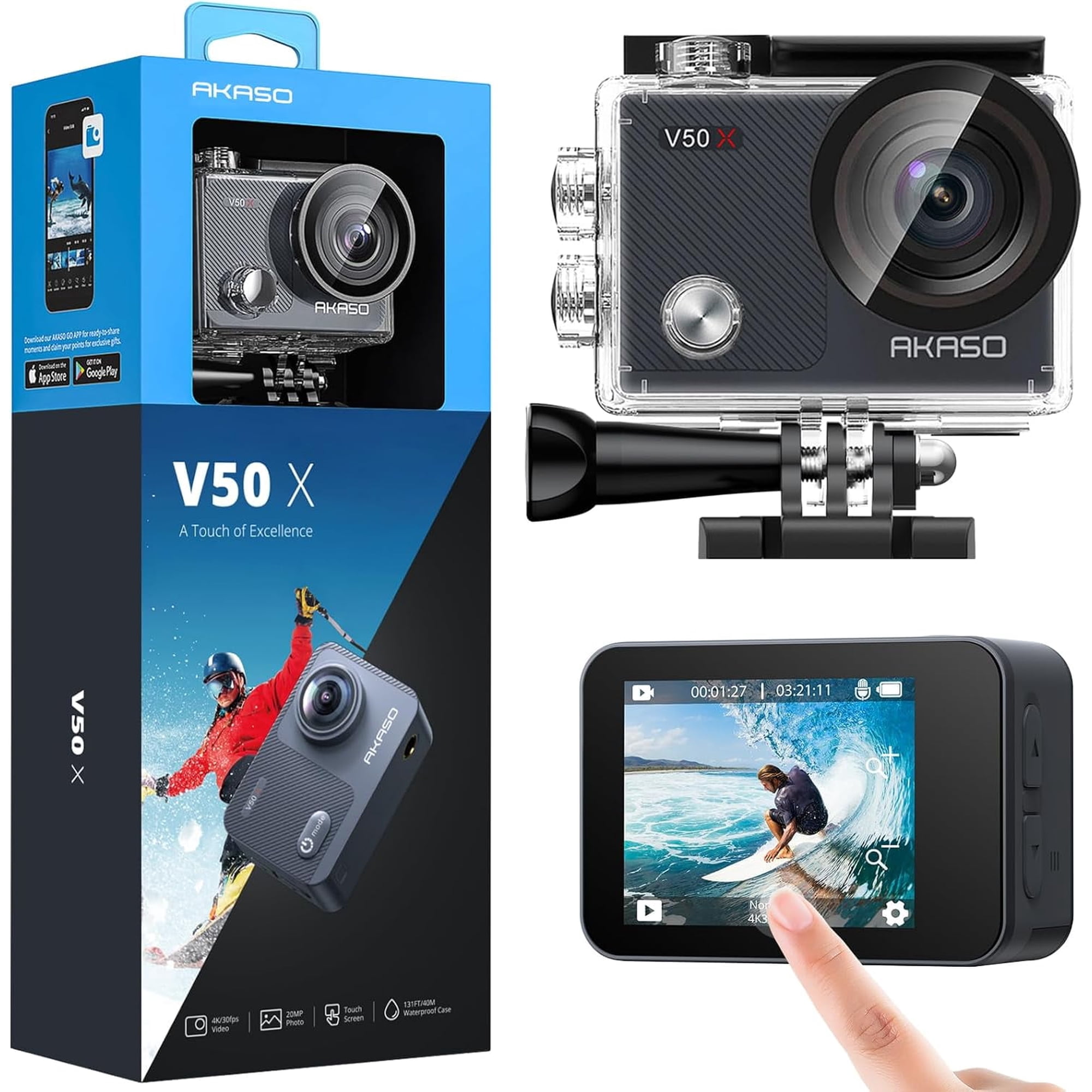AKASO V50X Native 4K30fps WiFi Action Camera with EIS Touch Screen 4X Zoom 131 feet Waterproof Camera Support External Mic Remote Control with Helmet Accessories