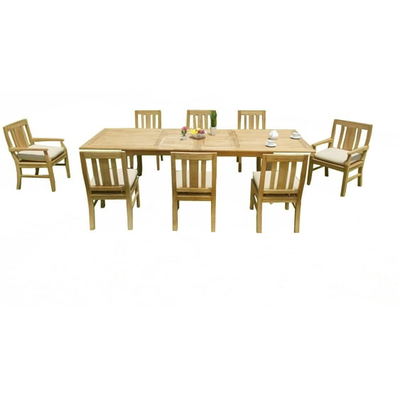9 Pc A Grade Outdoor Patio Teak Dining Set 117 Double Extension Rectangle Table 8 Osawa Chairs 6 Armless 2 Arm