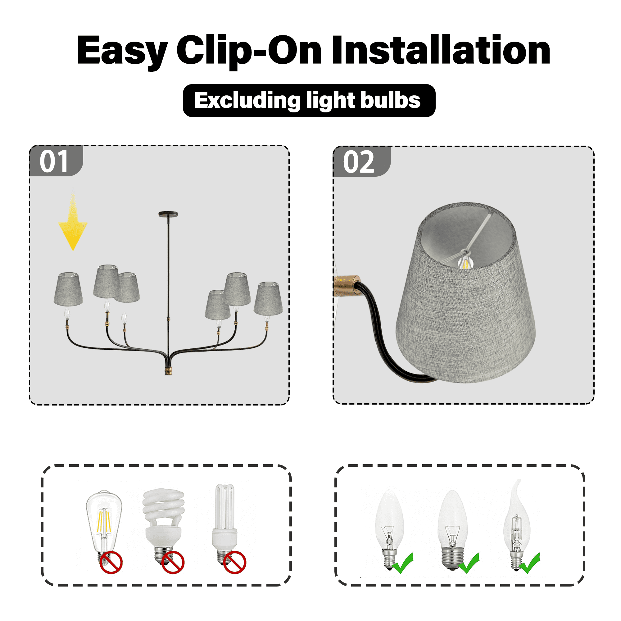 Chandelier Lamp Shades Set of 6, Clip On Mini Empire Shades for E12 Candelabra Bulbs, Grey Linen Fabric for Wall Sconce