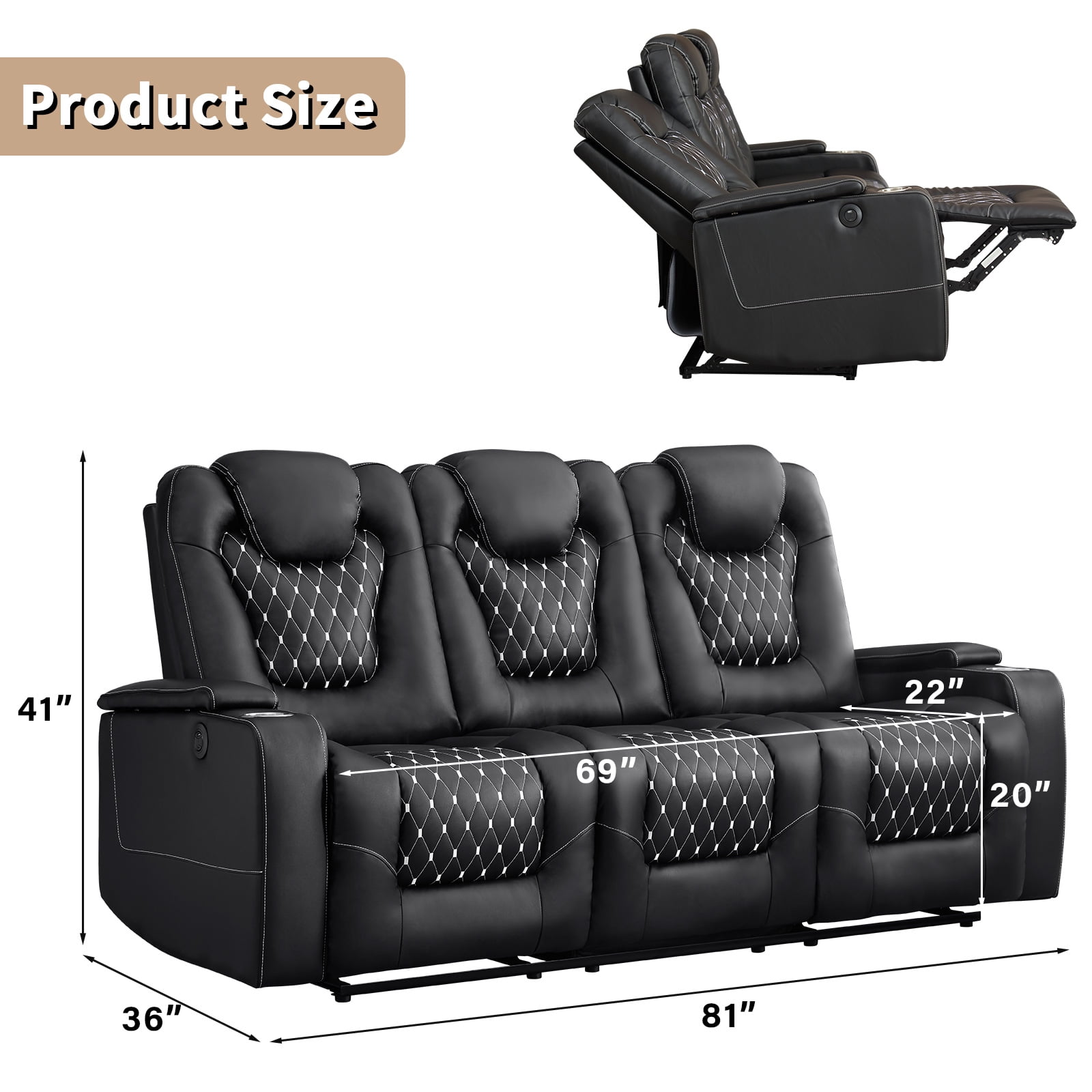Bonzy Home Theater Recliner Chair Sofa, PU Leather 3 seat Power Recliner Sofa with Cup Holders, USB Ports, Black