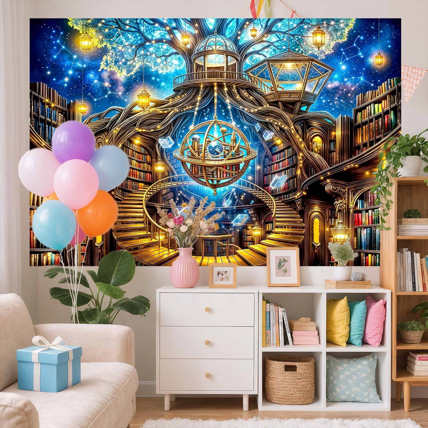 10x8ft Magic Library Photography Backdrop, Fantasy Tree Library with Armillary Sphere Starry Sky Background, Enchanted Bookstore Decor for Book Lovers Reading Birthday Party Photo Booth