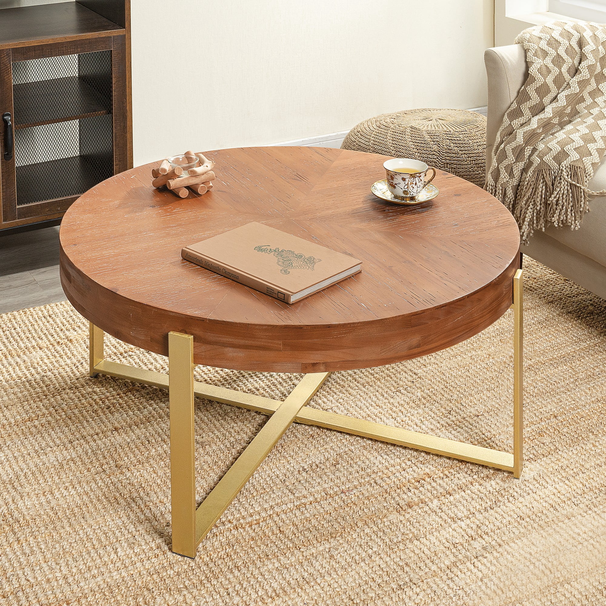 BSHTI 31.29" Metal Wood Round Coffee Table with Retro Splicing Top, Cross Metal Frame, Rustic Style for Living Room(Natural+Gold)