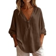 thumbnail image 2 of VBVC Women's Cotton Linen V Neck Button Blouse, Ladies' Loose Fit Long Sleeve Top, Casual Work Office Tunic Shirt For Women, Coffee , S-2XL, 2 of 6
