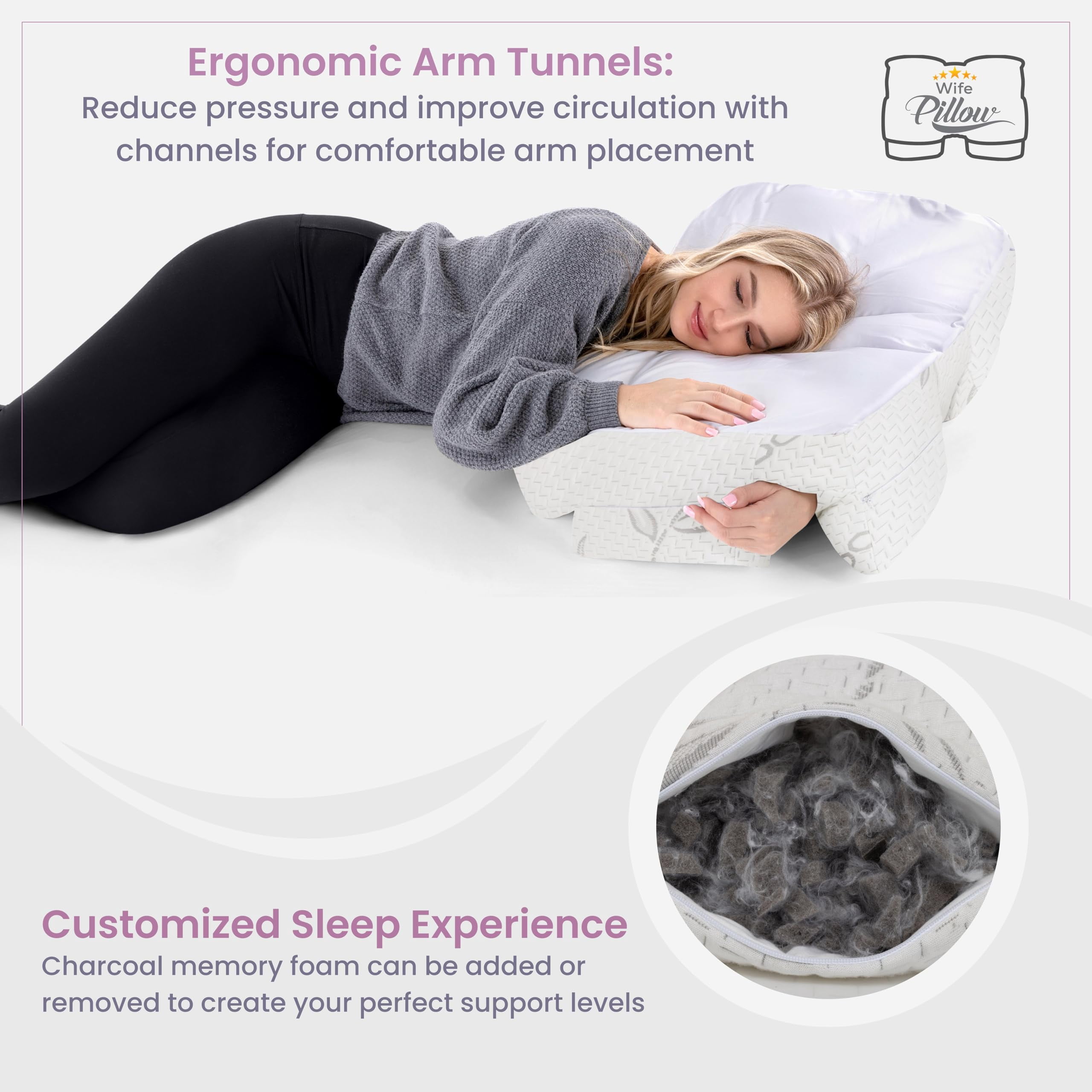 Adjustable Side Sleeper Pillow with Arm Tunnels for Shoulder Pain, Rotator Cuff Support, Arm & Shoulder Relief - Pressure-Free Sleep Pillow for Adults - Charcoal Shredded Memory Foam