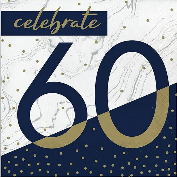 192 Count Bulk Pack Navy and Gold 60th Birthday Luncheon Napkins