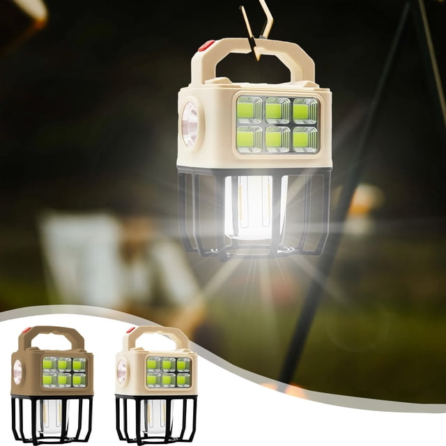 Luz de camping portátil con carga solar/USB, 3 modos de iluminación, batería de 2400mAh, 18,4x11,8x9,6cm, caqui/marrón, plástico ABS, para senderismo al aire libre y uso de emergencia
