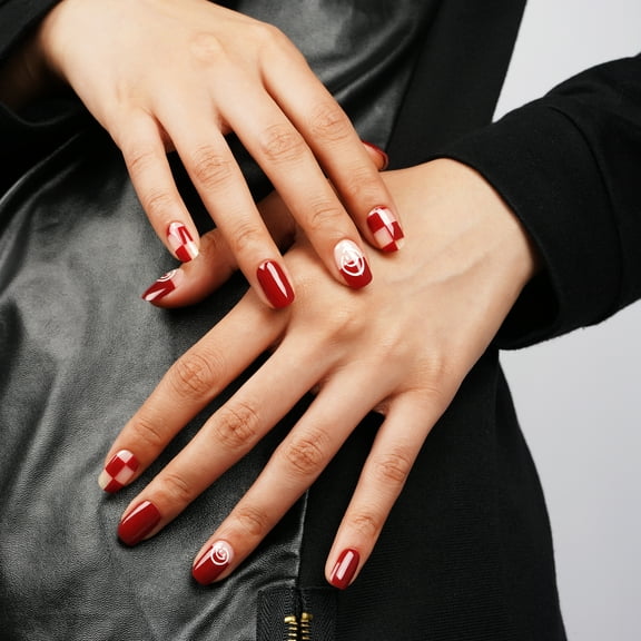 DANNI & TONI Semi Cured Gel Nail Strips Red (Happy Face) Checker Gel Nail Wraps 28 Stickers