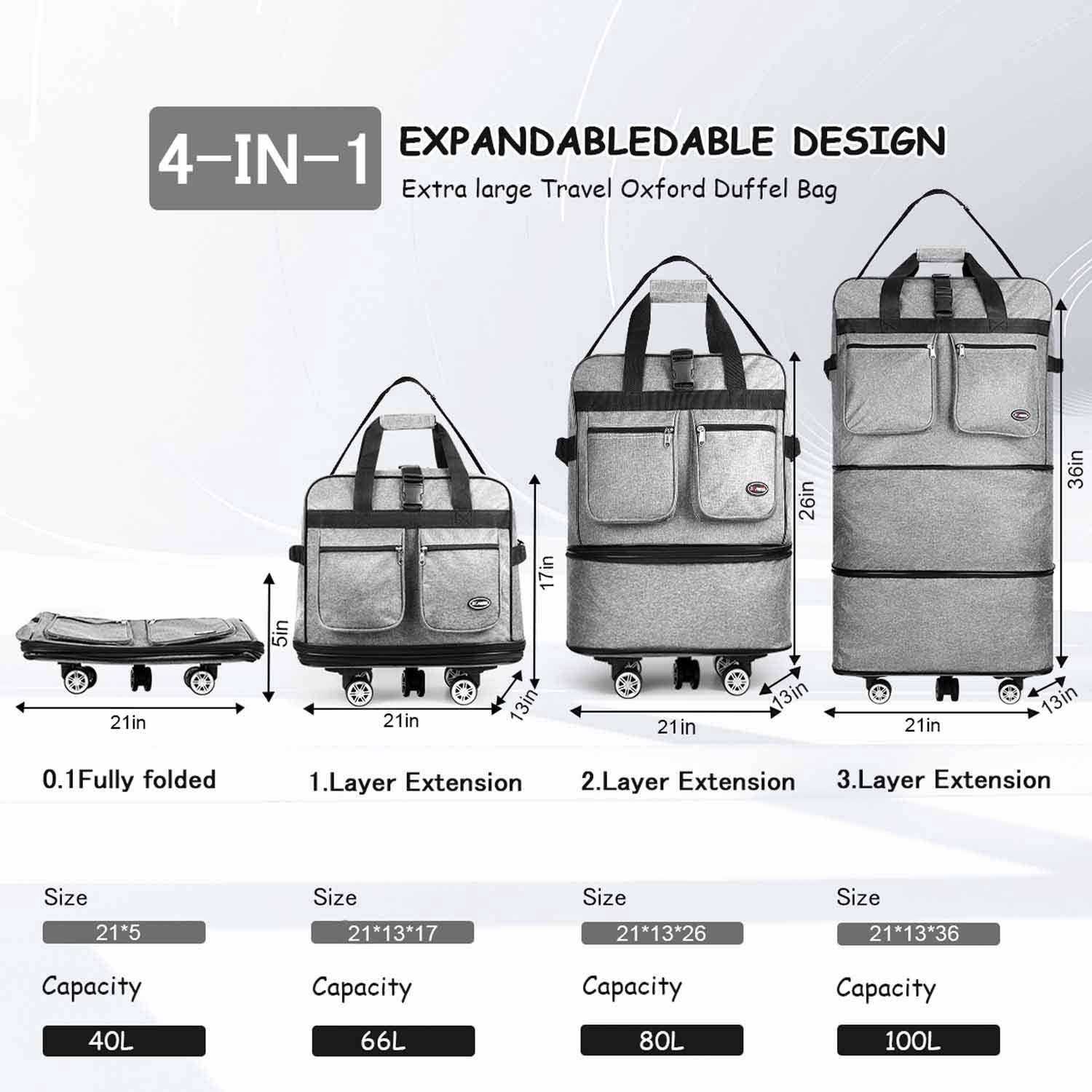 36" Expandable Foldable Luggage Bag,Collapsible Suitcases with Wheels,Lightweight Rolling Duffle Bag for Travel, Moving, Home Storage, Grey, MEX