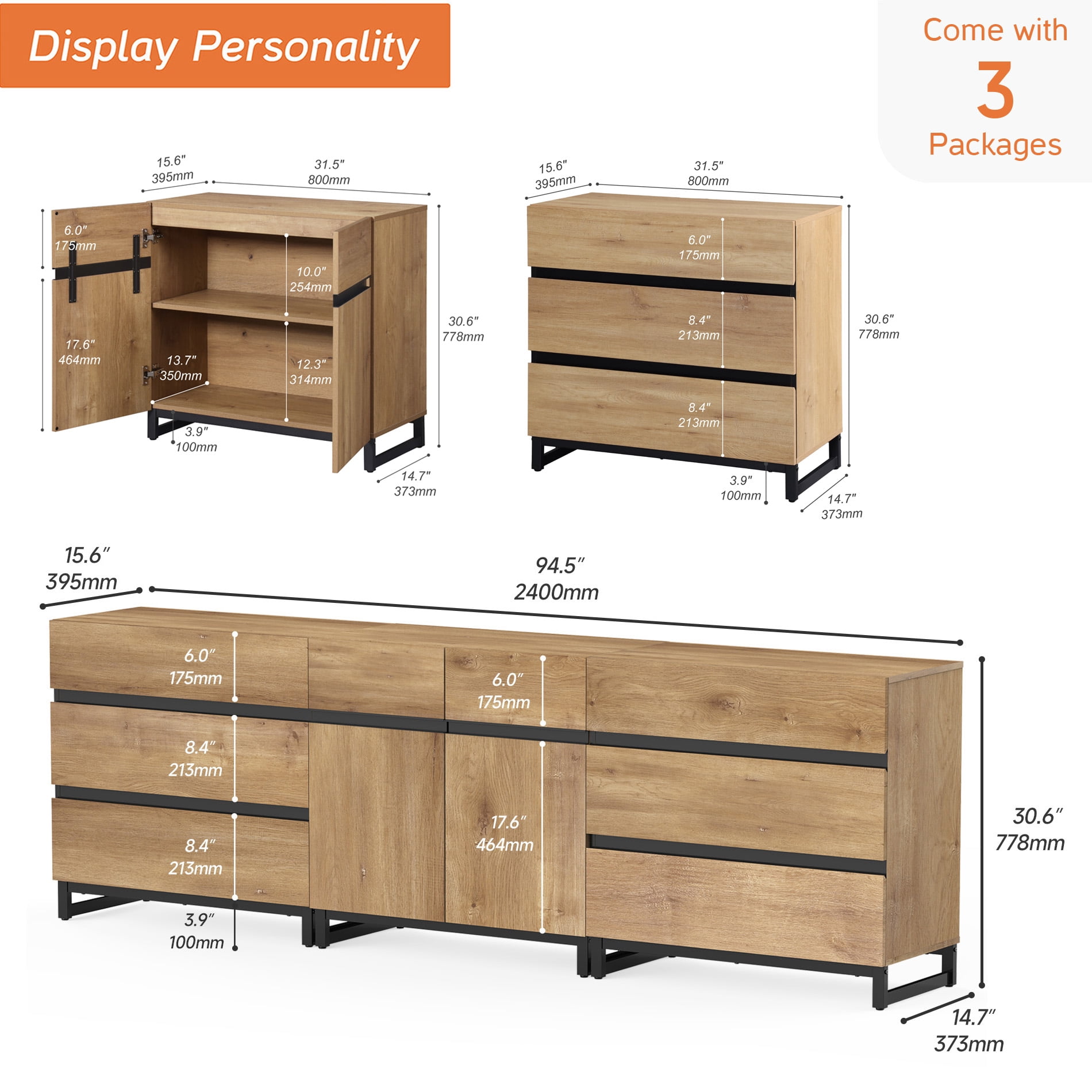 Modern TV Stand For Tvs Up To 100 Inch, 3-In-1 TV Console With Adjustable Shelves And 6 Drawers, Media Console For Living Room And Bedroom,Oak