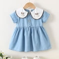 thumbnail image 5 of Mitankcoo Toddler Girls Denim Patchwork Dresses Peter Pan Collar Puff Short Sleeve Dress Casual Summer 6M-4Y, 5 of 8
