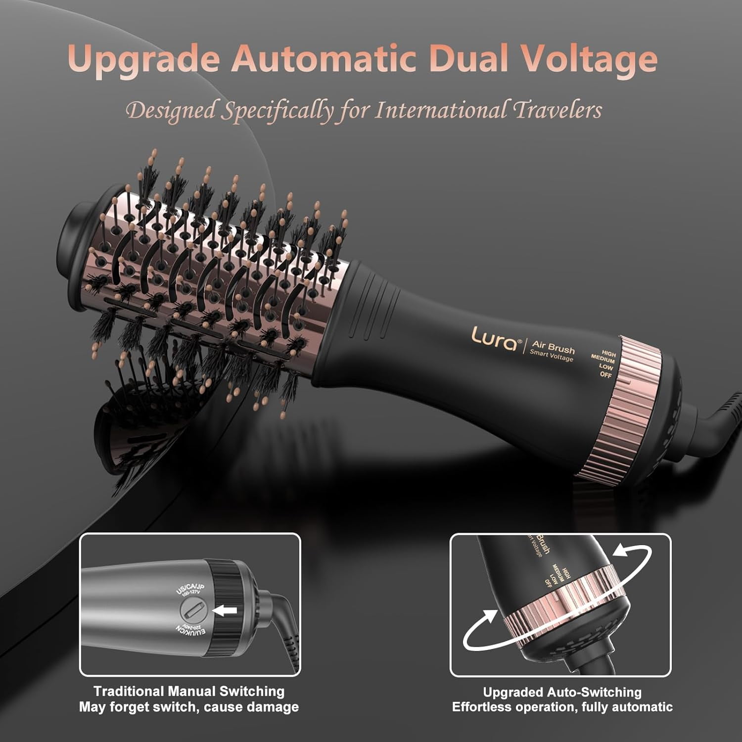 Lura Automatic Dual Voltage Hair Dryer Brush & Volumizer with European Plug,Travel Hair Blow Dryer Brush with Travel Bag Black