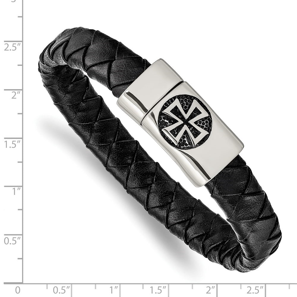 Diamond2Deal Stainless Steel Antiqued and Polished Cross Black Leather Bracelet for Men 8.5"