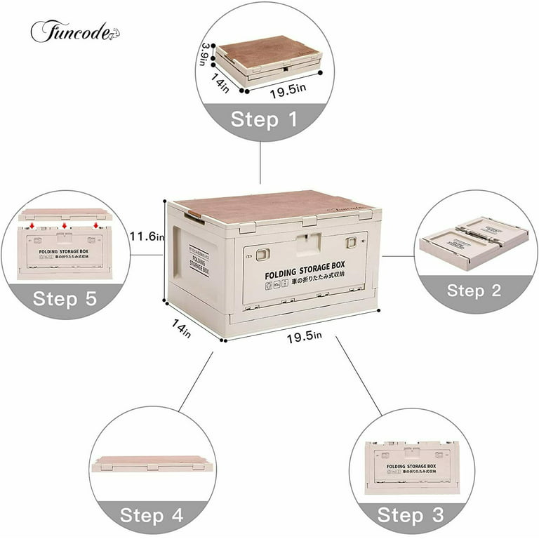 Folding Storage Box with Wooden Cover, Collapsible Storage Container Bins, for Camping, Car Storage, Home Sorting (Set of 1 Khaki), Beige