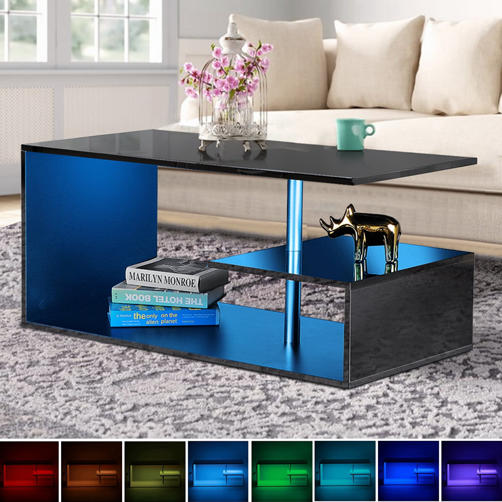 Hommpa High Gloss Black Coffee Table with LED Lights Open Shelf Smart APP Control S Shaped Modern Sofa Side End Table for Living Room