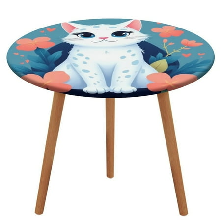 

Cute White Cat with Flowers Round Fitted Tablecloth Elastic Table Cover Waterproof Dining for Indoor Outdoor Decor Table Cloth L-50 -54