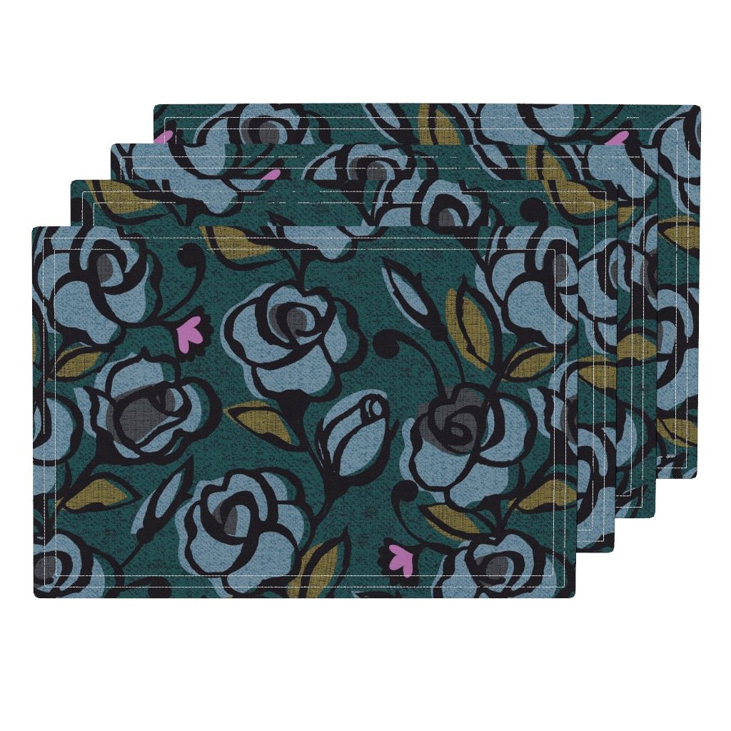 Cloth Placemats Flowers Evening Rose Garden Blue Green Modern Home Set