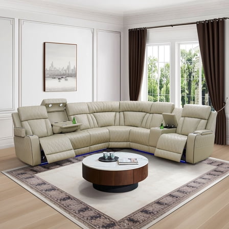 Beige Breathing Leather 3-Piece Living Room Recliner Sofa set