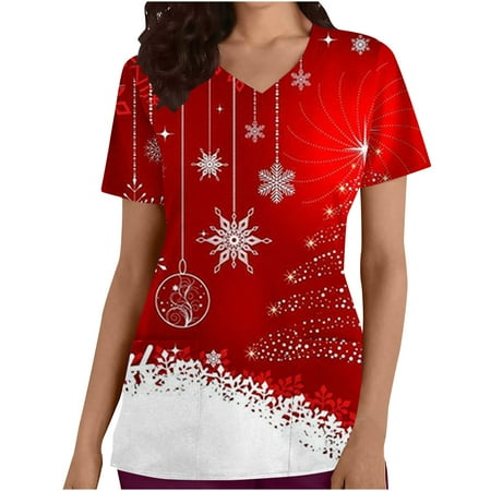 

RQYYD Christmas Scrub Women s Snowflake Printed Scrub Tops Fun T Shirts Workwear Nurse Working Uniform Stretchy Tee Shirts