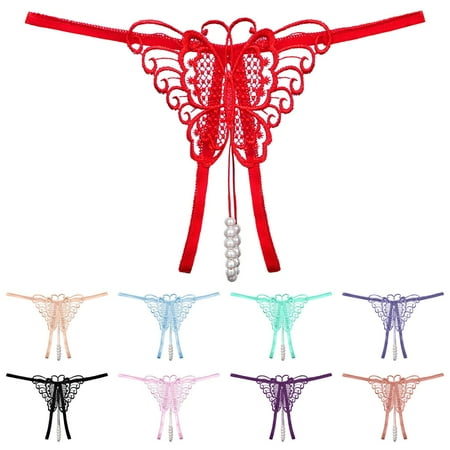 Ukumplol Panties for Women Thong Underwear Women Fashion Underwear Cutout Pendant Pearl Beads Butterfly G String Thong Underpants G String Thongs for Women Womens Thong Underwear Hot Pink M