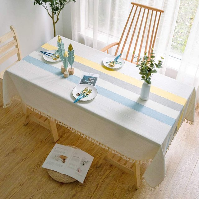 Mantel rectangular, cubierta de mesa con borlas bordadas en celosía, utilizado para decoración de mesa de comedor de cocina (140*140 cm, azul/amarillo) Rojo Verde