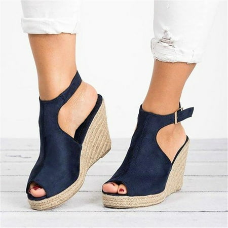 

Women Shoes Women s Fashion Solid Wedges Casual Buckle Strap Roman Shoes Sandals Dark Blue 9