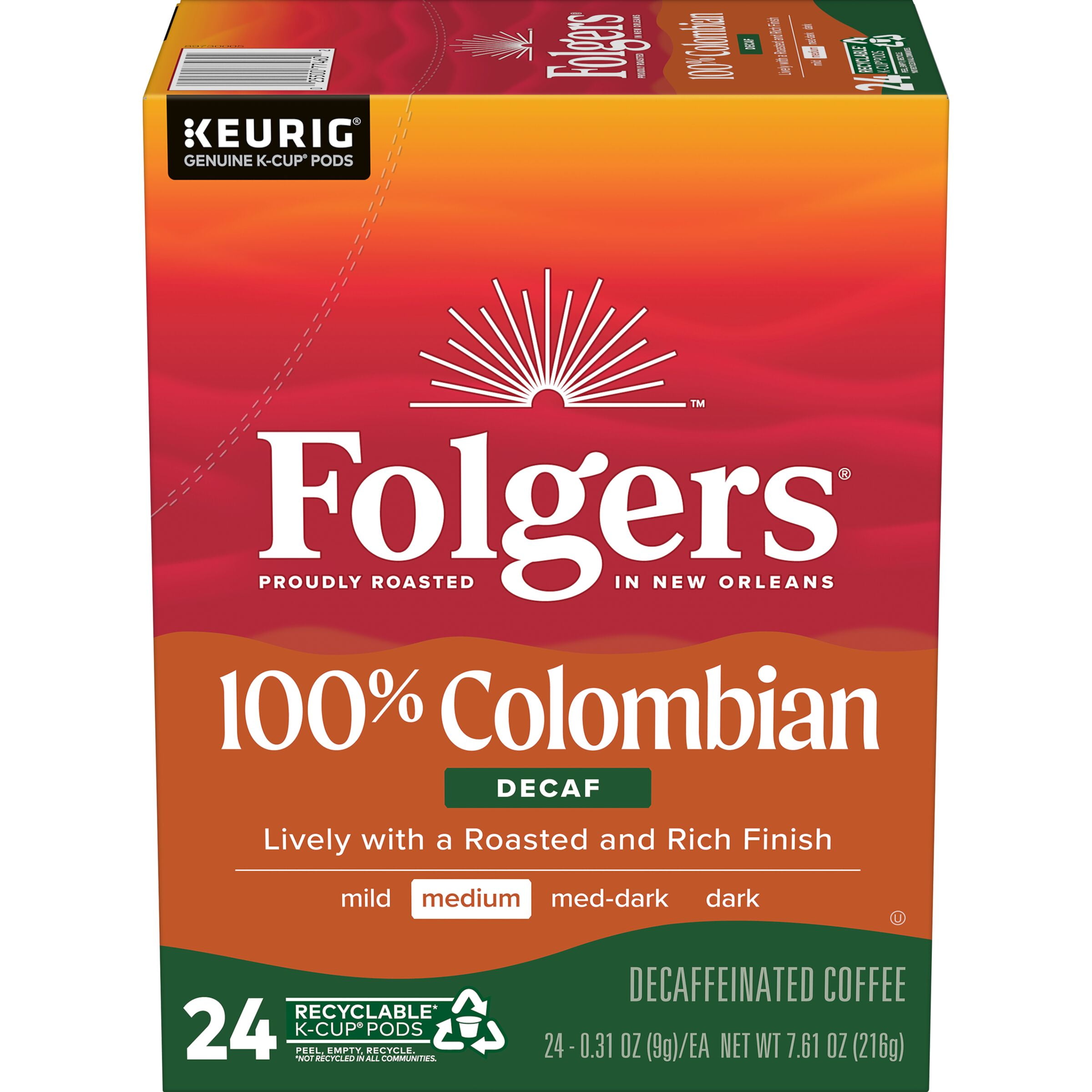 Folgers Lively Colombian Decaf, MediumDark Roast Coffee, KCup Pods
