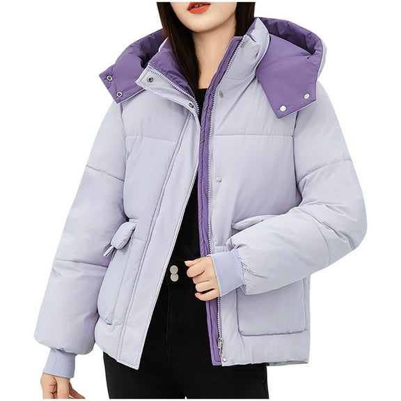 HTNBO Women's Winter Hoode Puffer Jacket Splice Long Sleeve Zip Up Quilted Baggy Warm Short Down Coats with Pockets