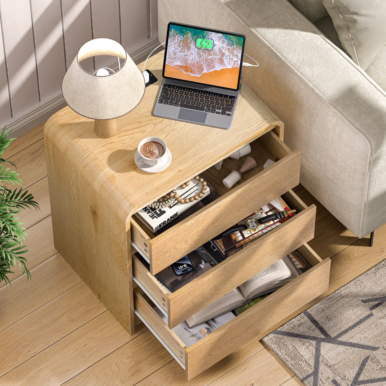 Hommoo Modern 25" Wood Nightstand with Built-in Charging Station, 3-Drawer Mid-Century Bedside Table with 2 AC Outlets & 2 USB Ports, Natural