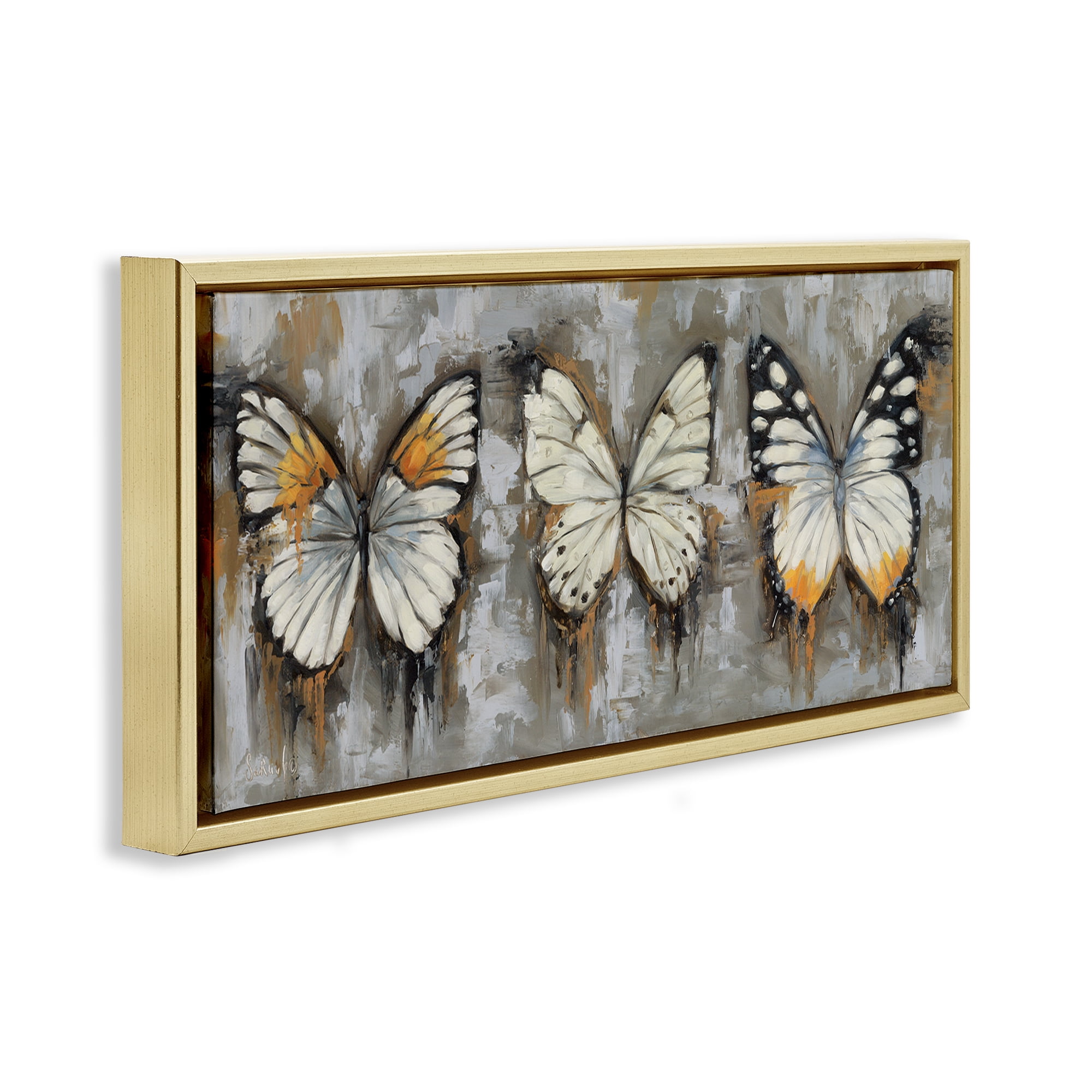 Stupell Industries Stylized Modern Butterflies Animals Painting Gold Floater Framed Canvas Art Print Wall Art, 31 x 14