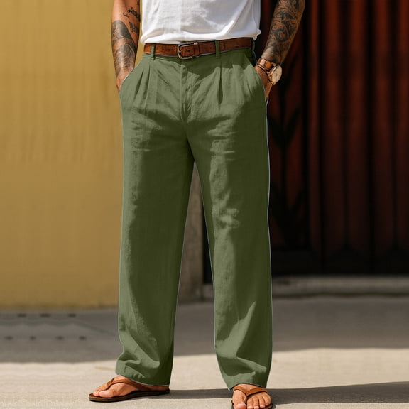 Domuza Linen Pants for Men Trendy Casual Straight Leg Pleated Pleated Slacks Spring Summer Lightweight Loose Fit Beach Pants with Pockets Army Green L