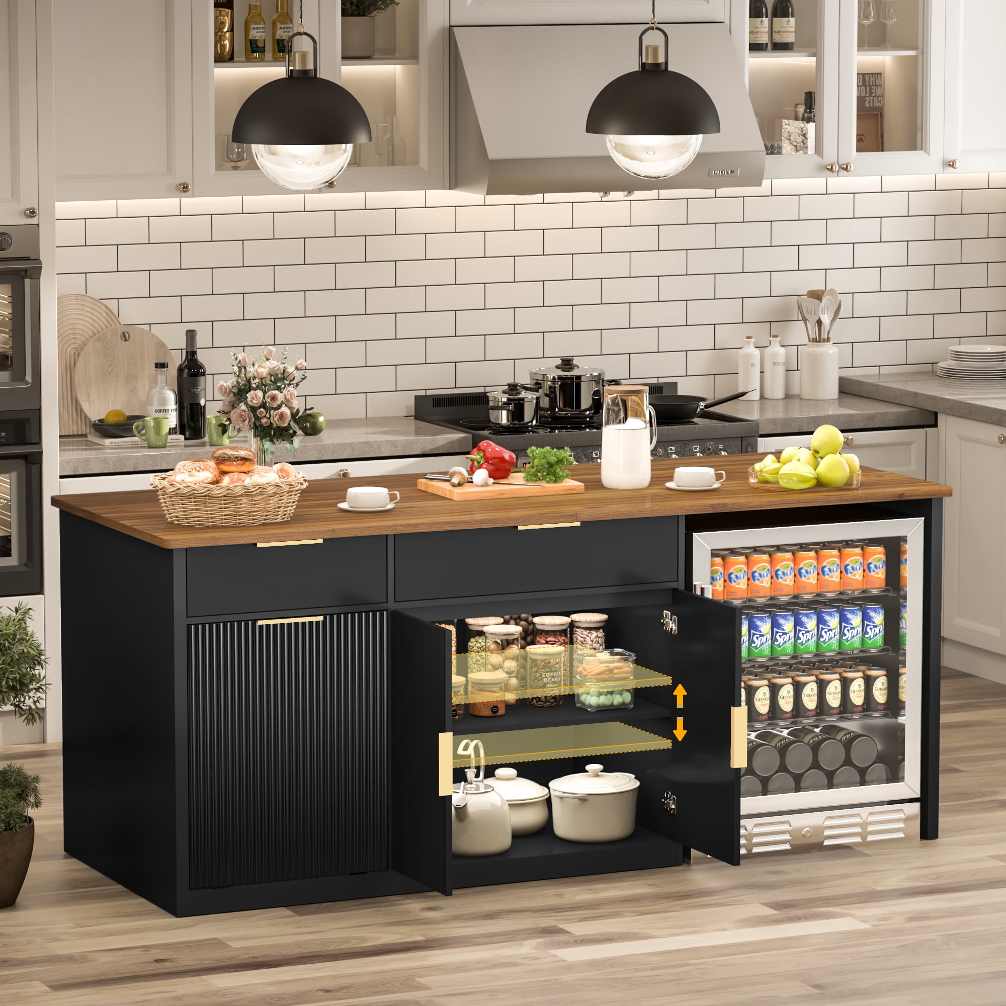 75.6"W Large Kitchen Island with Fridge Space, Modern Kitchen Bar Island Table