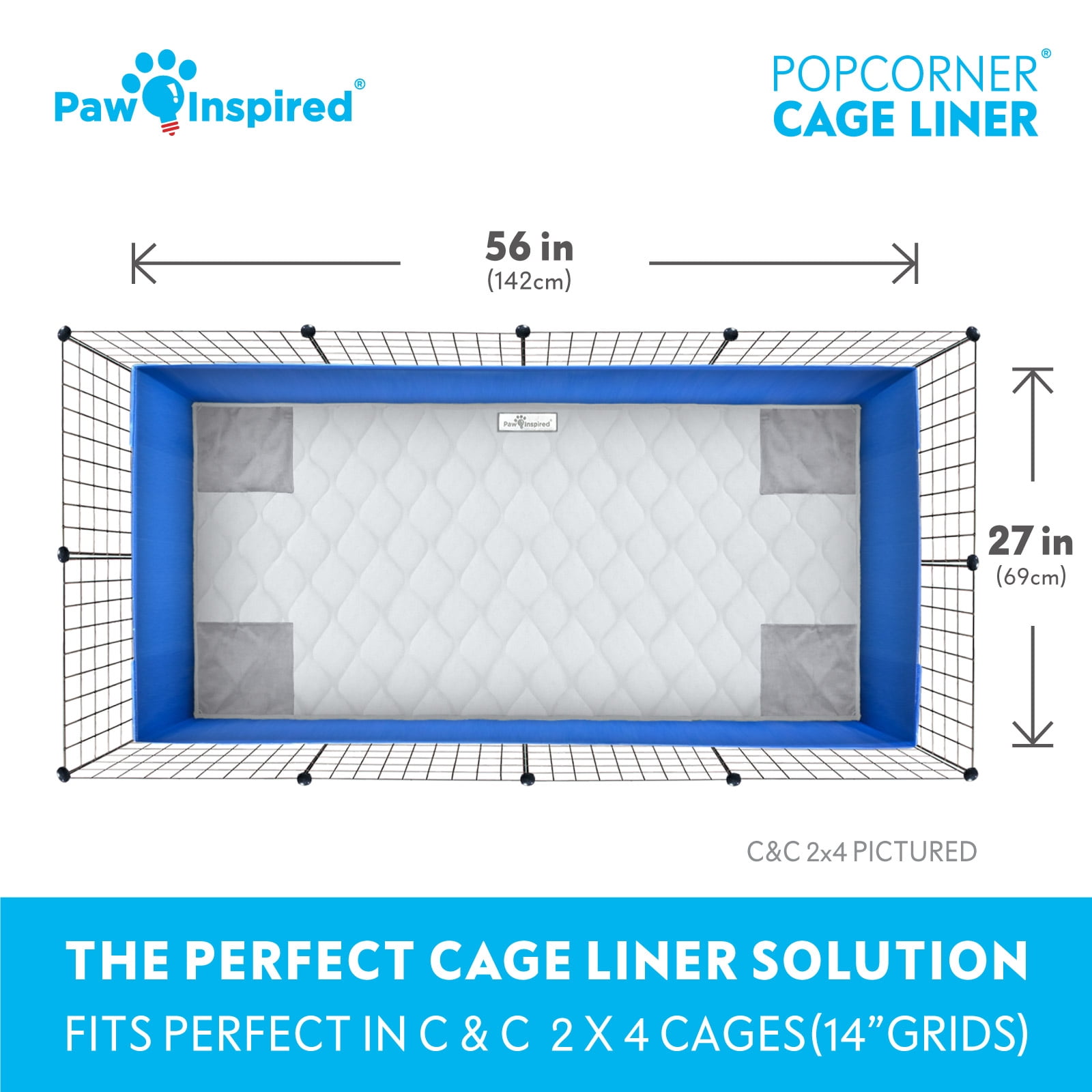 Paw Inspired PopCorner Guinea Pig Fleece Cage Liners for C&C | Fleece Bedding for Guinea Pigs, Ferrets, Rabbits, Hamsters, Small Animals | Reinforced Corners Pee Pads (C&C 2x4, Light Gray)